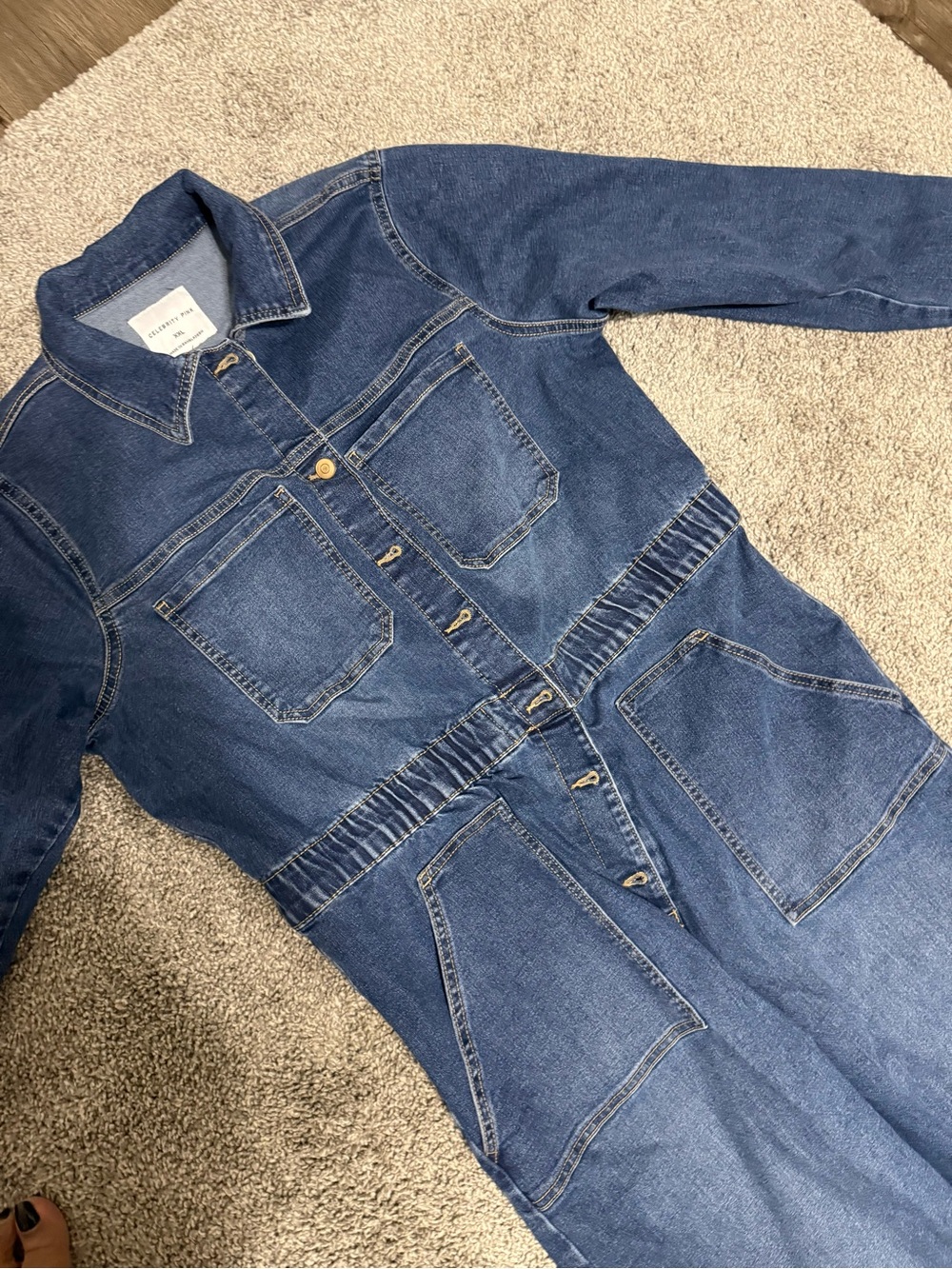 Celebrity Pink Dark Blue Denim Long Sleeve Jumpsuit - Picture 4 of 5